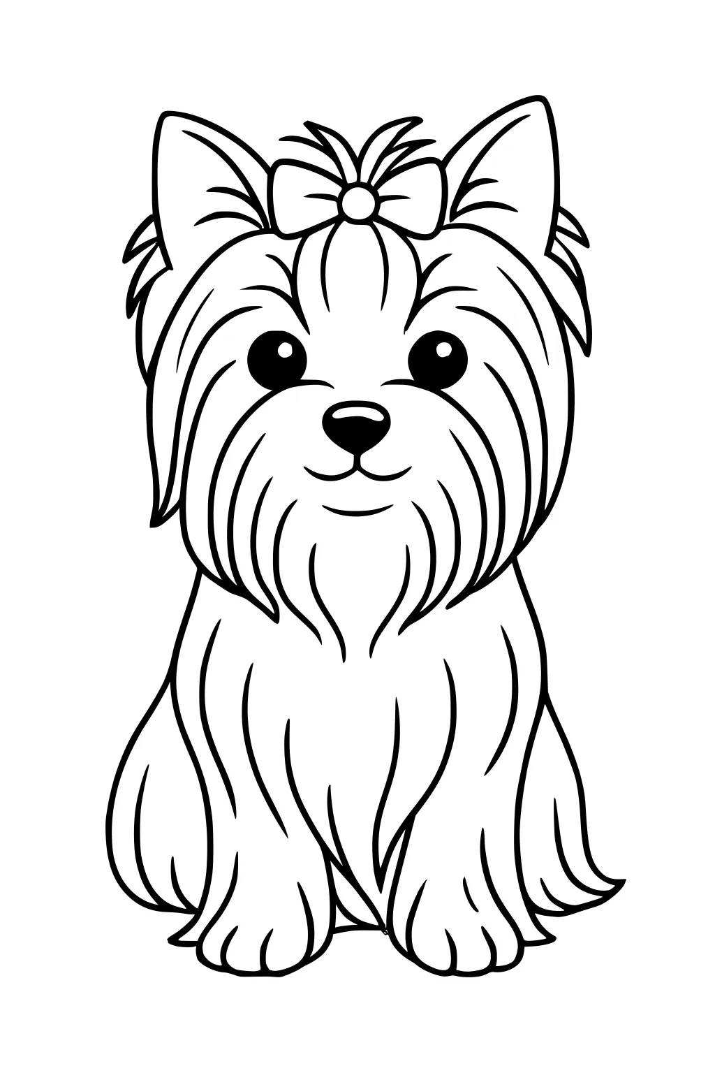 Cartoon dog with long fur and a bow on her head, sitting with big eyes and pointy ears.