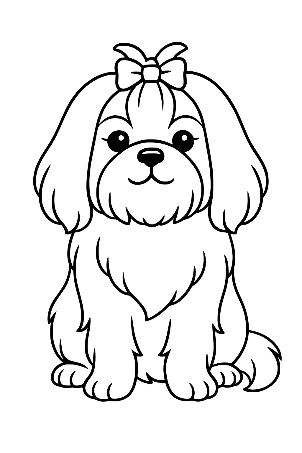 A small fluffy dog with a bow on her head sits facing forward.