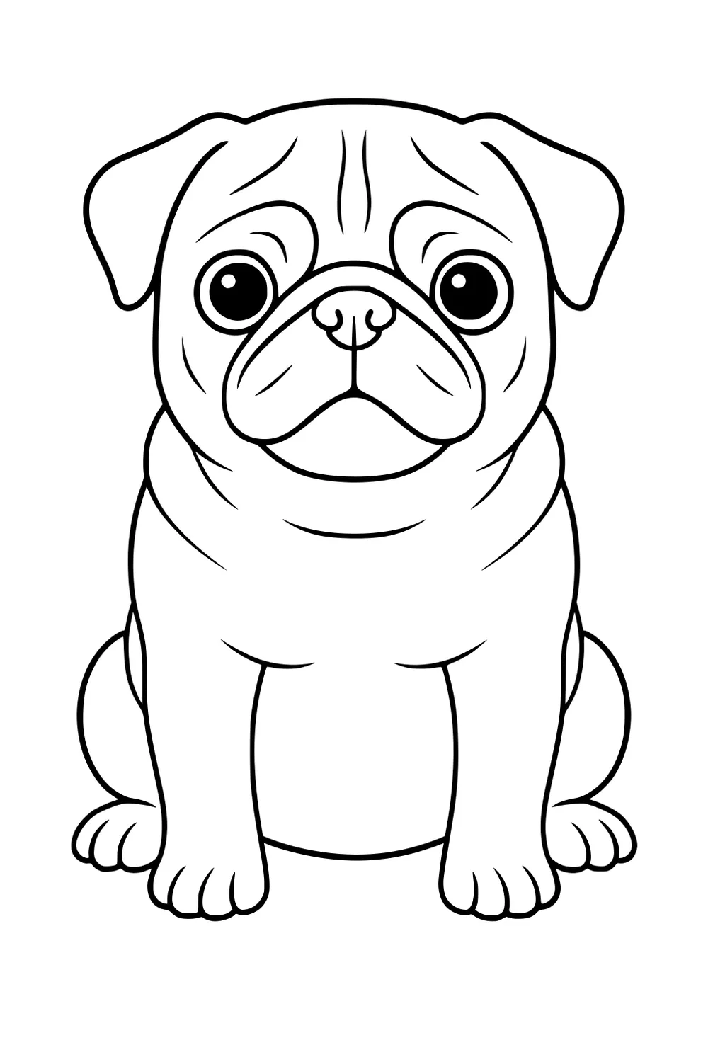 Cartoon pug dog sitting facing forward with big eyes, floppy ears, wrinkled face, and round body.