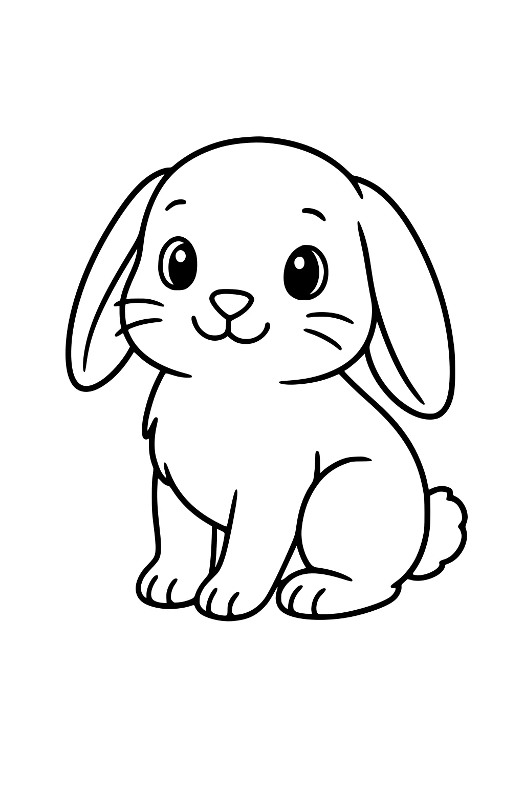Cartoon rabbit sitting upright with big eyes, long ears, and a fluffy tail. Outlined in black on a white background.