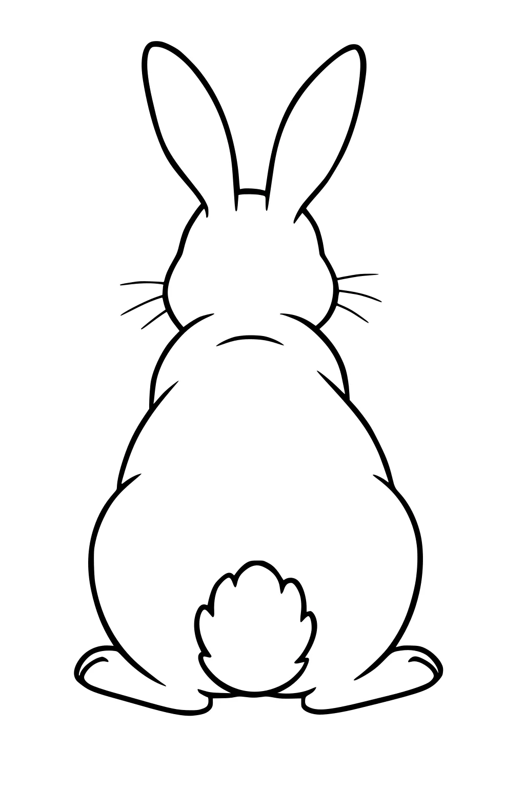 Back view of a rabbit sitting upright with a fluffy tail and long ears