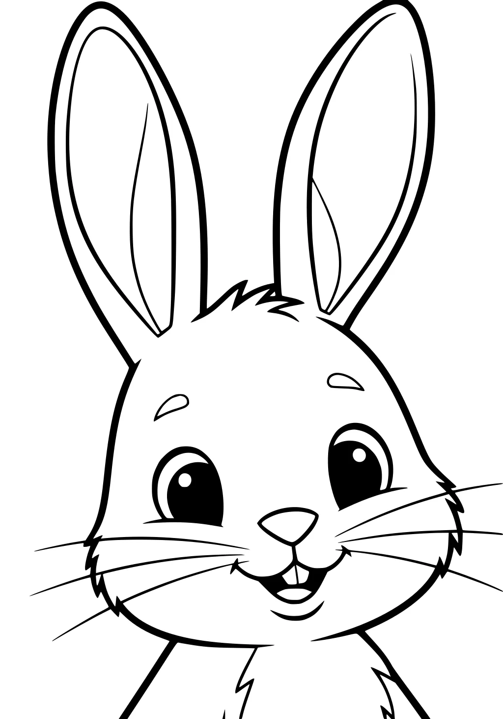 Line drawing of a smiling rabbit with big eyes, tall ears, round cheeks, and several long whiskers.