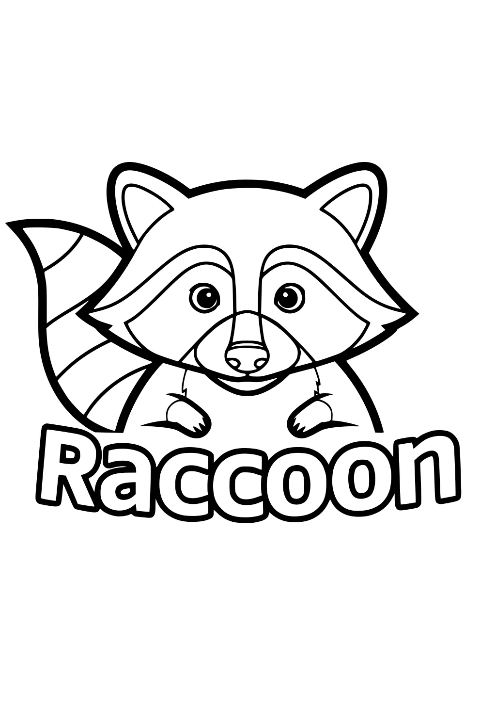 Cartoon raccoon with a striped tail and big eyes above outlined raccoon text.