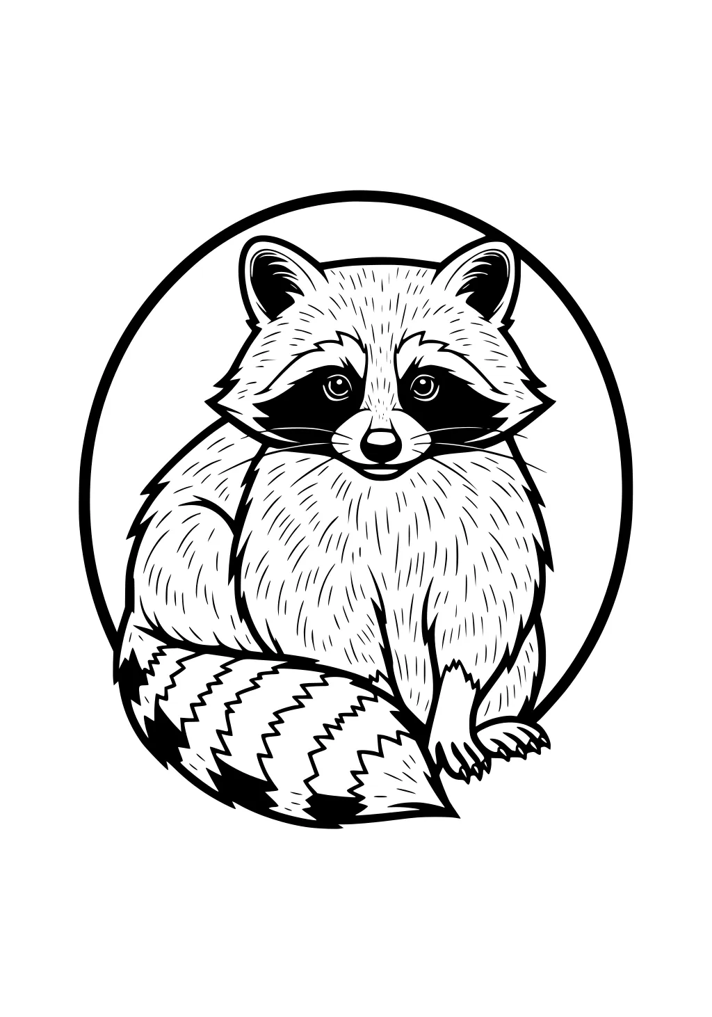 Drawing of a raccoon sitting inside a circle, with striped tail and dark face mask pattern.