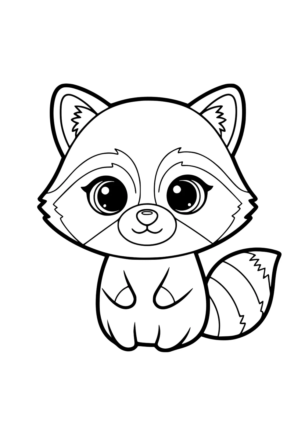 Cartoon raccoon sitting with big round eyes, bushy striped tail, and perked ears on a plain background.