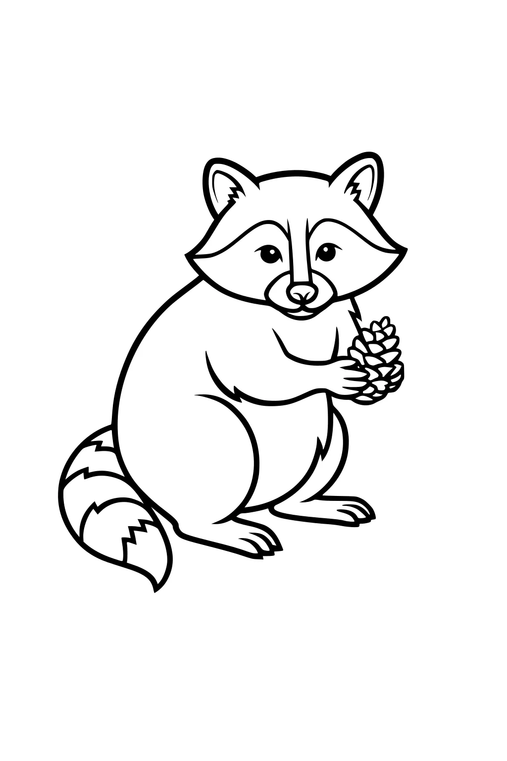 Raccoon sitting up and holding a pinecone with its front paws. Ringed tail curled beside. Blank background.