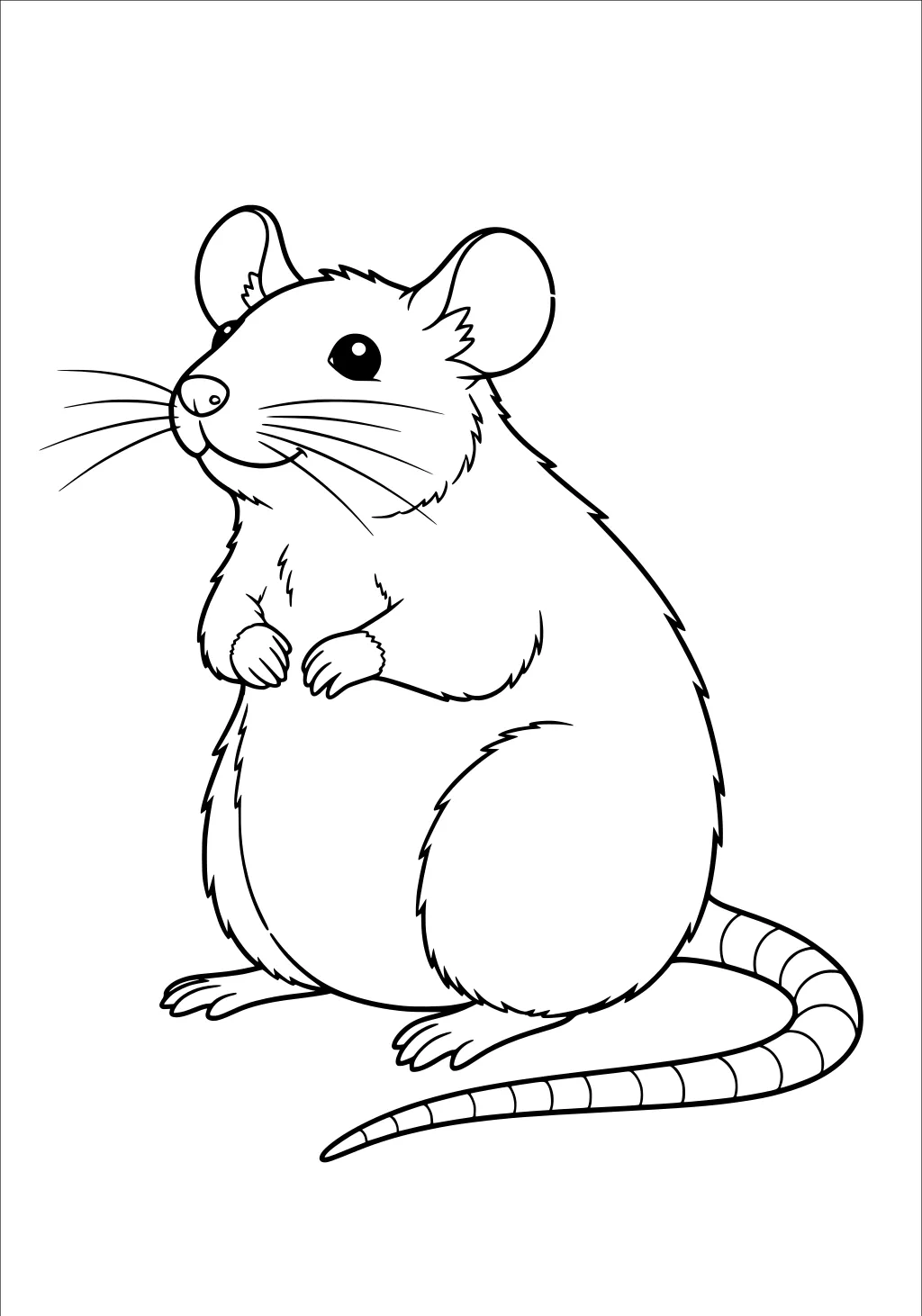 Cartoon rat with big ears, long tail, and whiskers sitting upright with paws held up