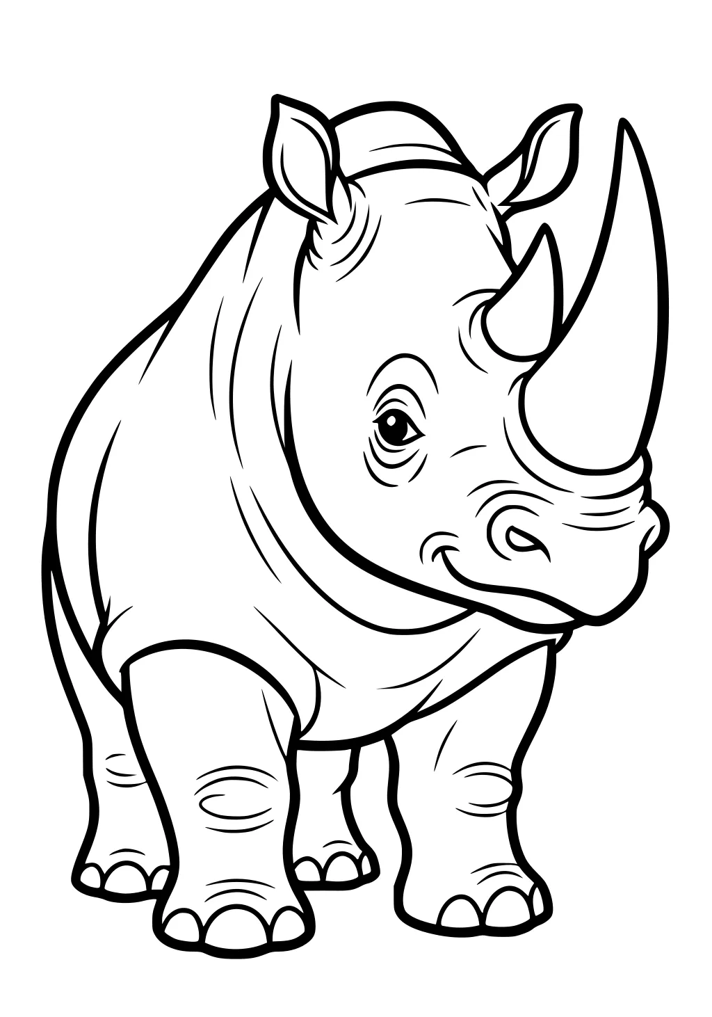 Cartoon rhinoceros with a big horn facing forward, standing on four legs, with wrinkled skin and upright ears.
