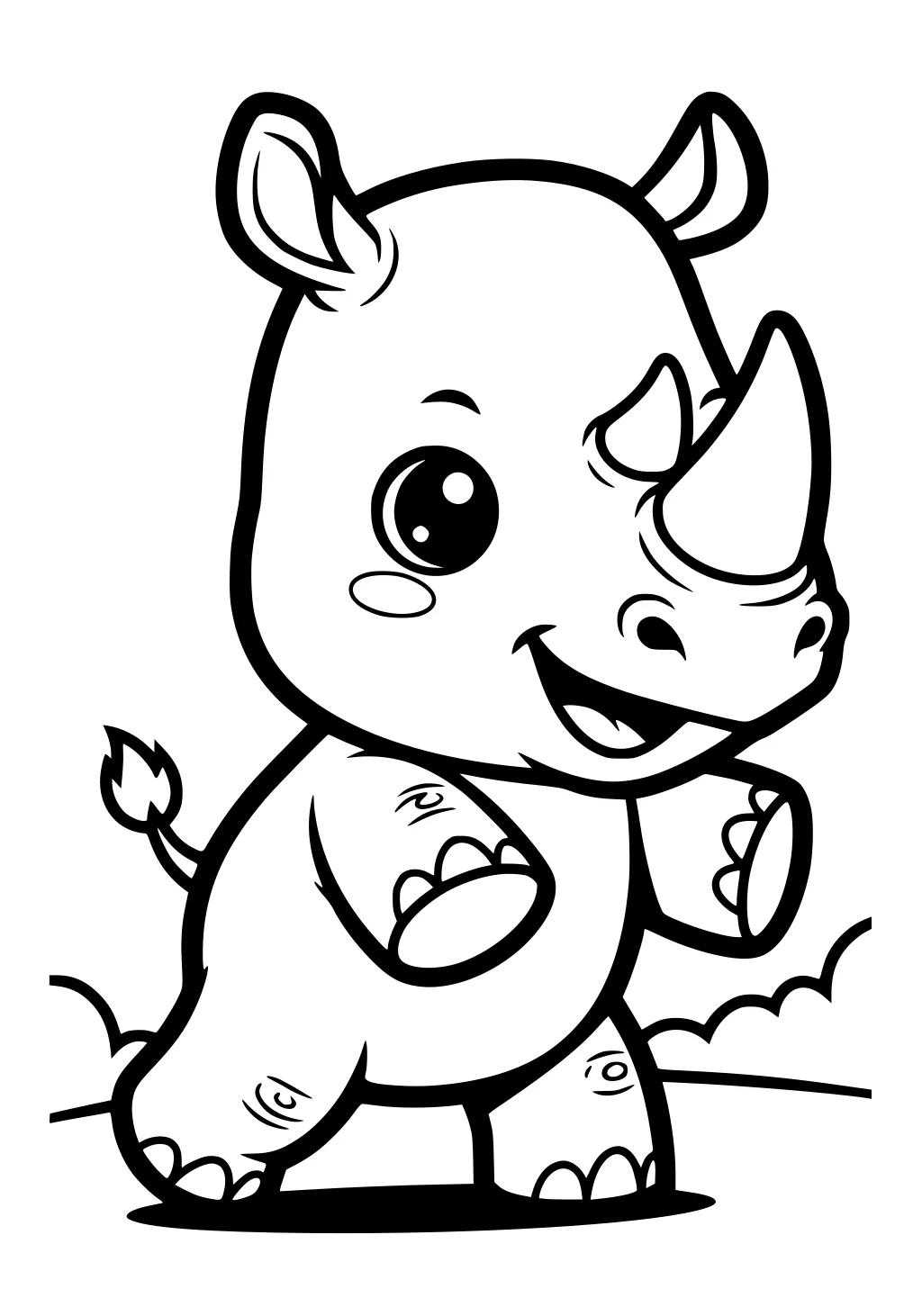Smiling cartoon rhinoceros with big eyes, lifted foot, and curled tail on a simple background.