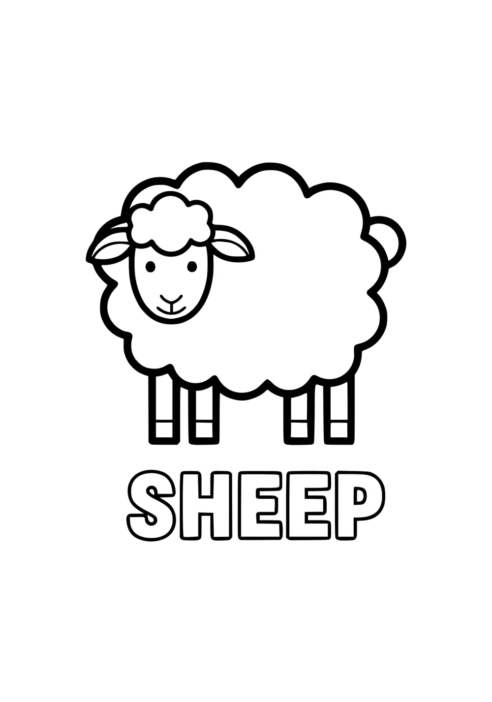 Outline drawing of a sheep with a fluffy round body and the word SHEEP in large bubble letters below.