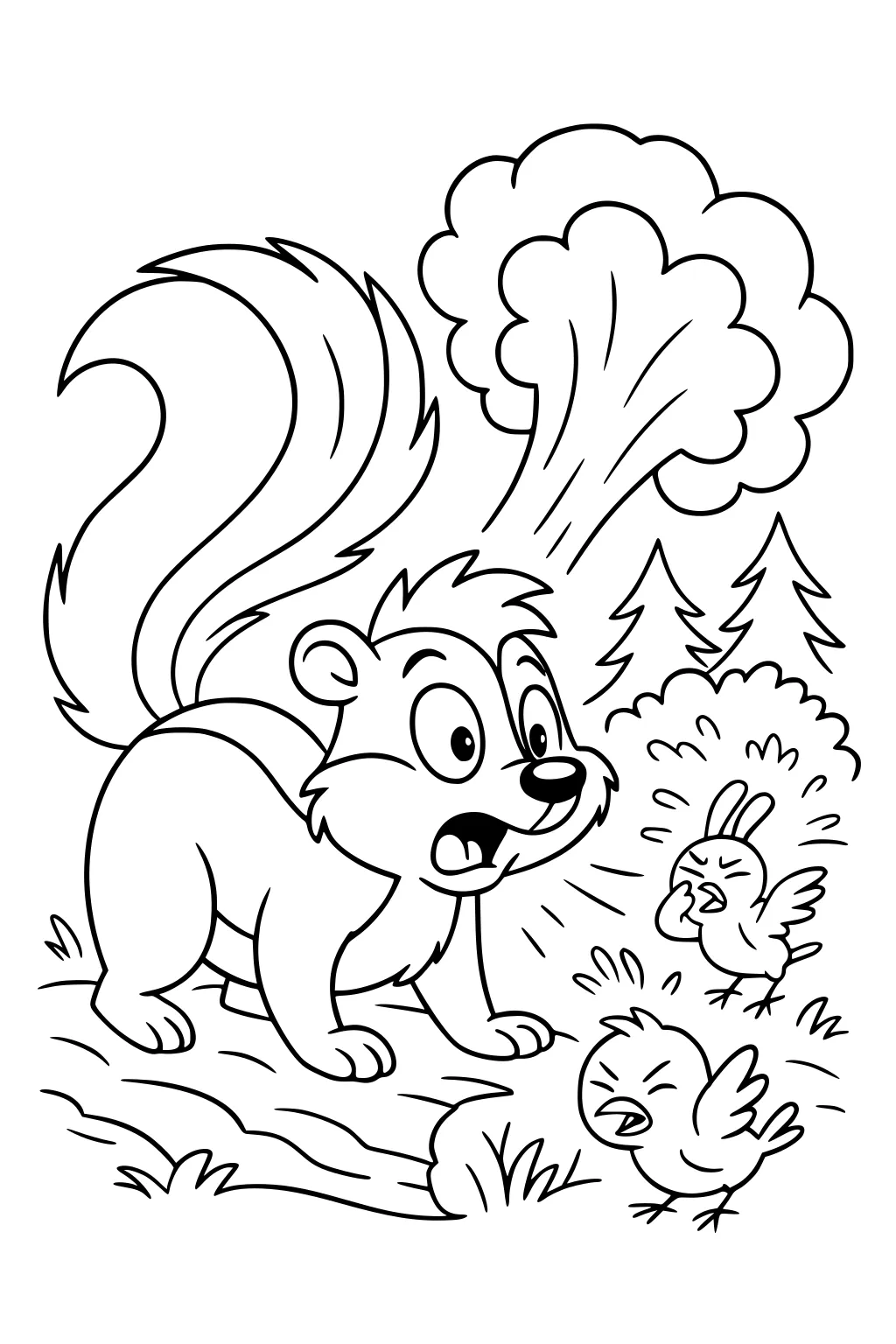 Surprised skunk with bushy tail faces two startled birds in a cartoon forest with trees and grass.
