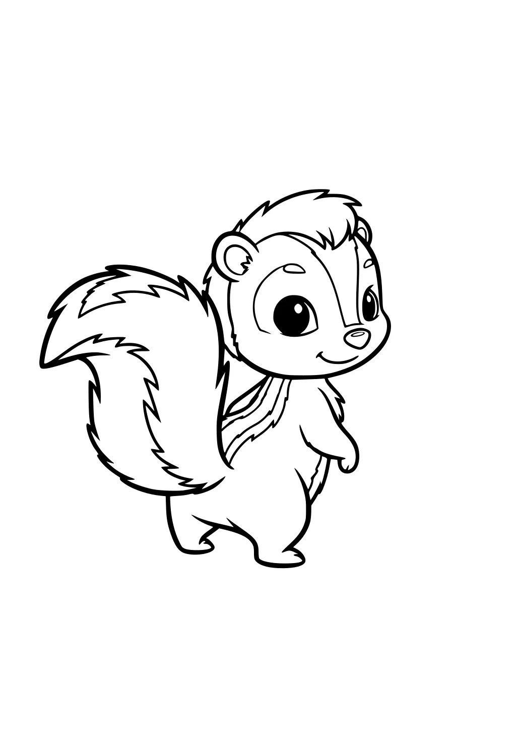Cartoon skunk with big fluffy tail looking back, smiling, and lifting one paw.