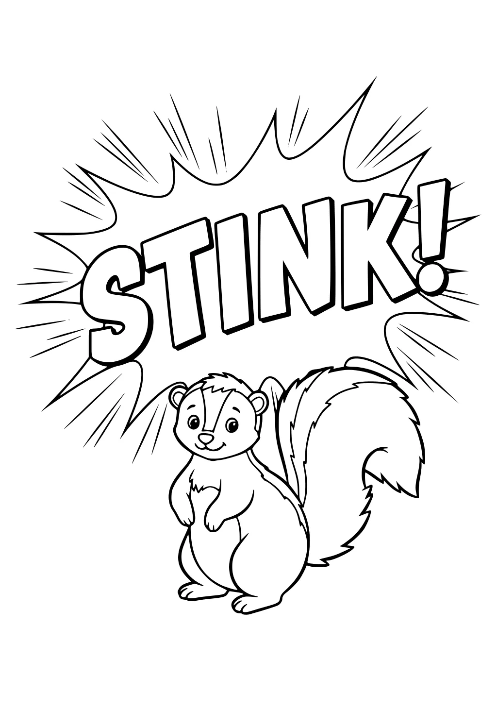 Cartoon skunk with fluffy tail and big STINK text above in comic style.