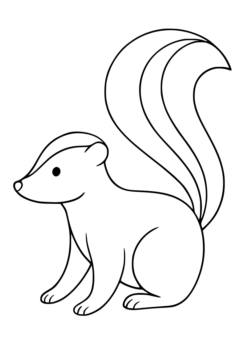 Line drawing of a sitting skunk with a fluffy curved tail and a single stripe on her head and back.
