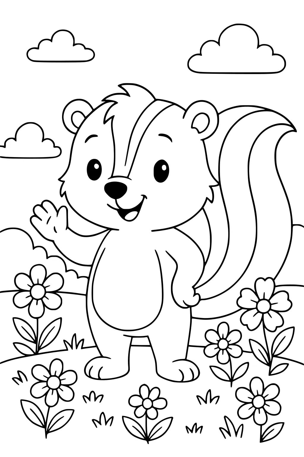Cartoon skunk with a big striped tail waves in a field full of flowers under clouds.