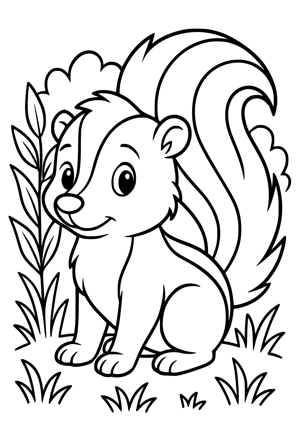 Cartoon skunk sitting on grass with big tail, surrounded by plants and bushes.