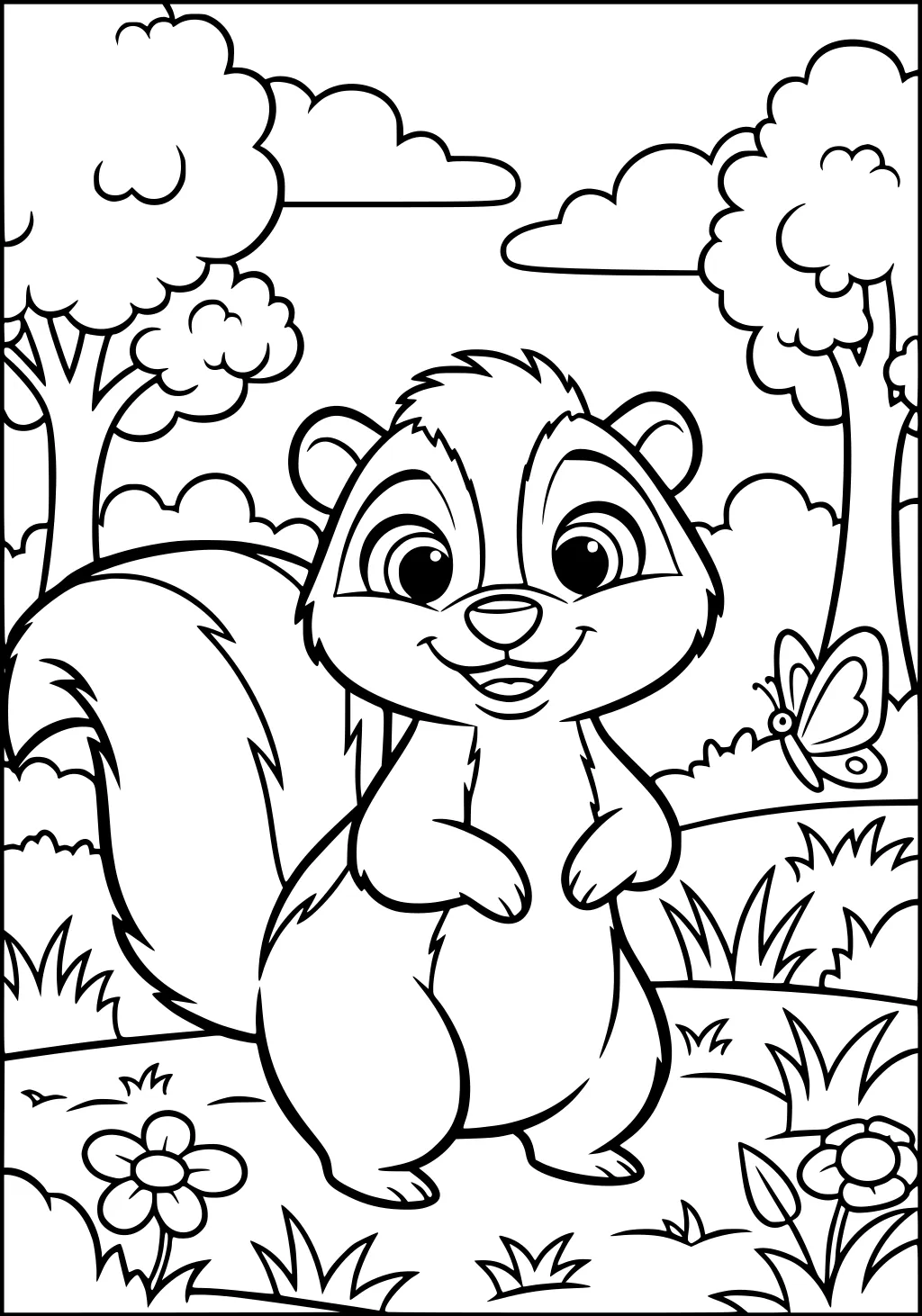 Smiling skunk stands in a grassy field with flowers, trees in the background, and a butterfly flying nearby.