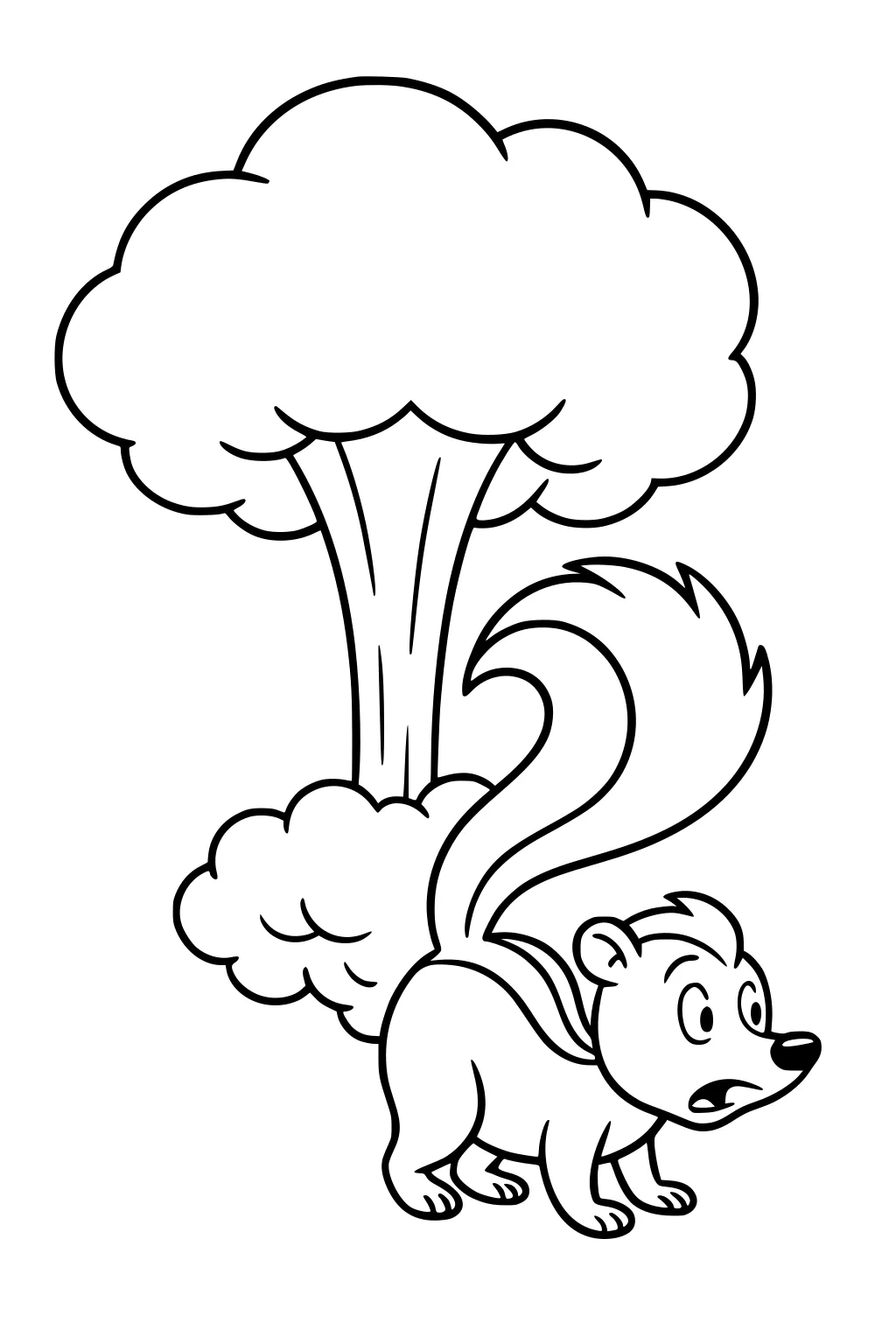 Cartoon skunk spraying a big cloud of mist with a surprised expression