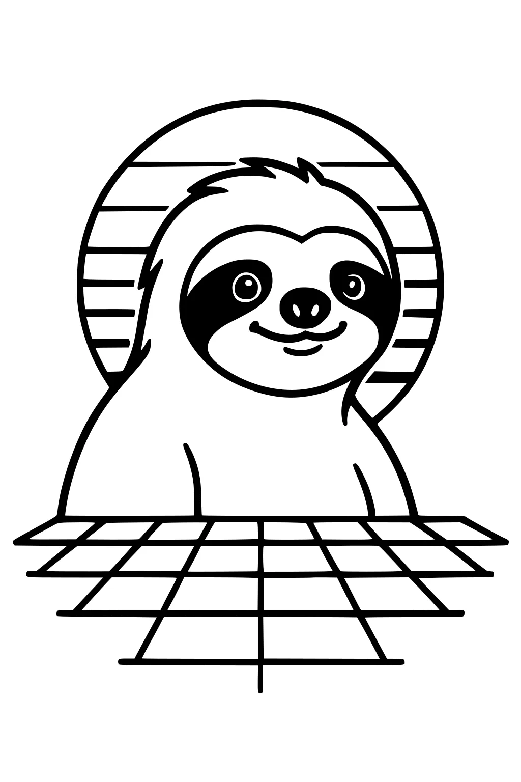 A smiling sloth with round eyes sits behind a checkered table and a large striped circle fills the background.