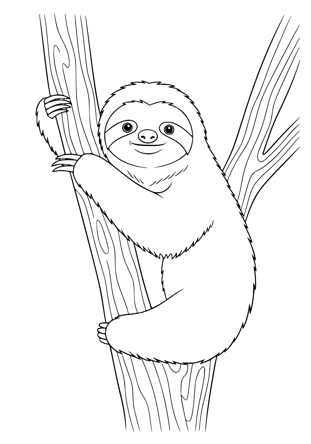 A smiling sloth with shaggy fur hangs on to a patterned tree trunk, arms and legs wrapped securely around the wood.