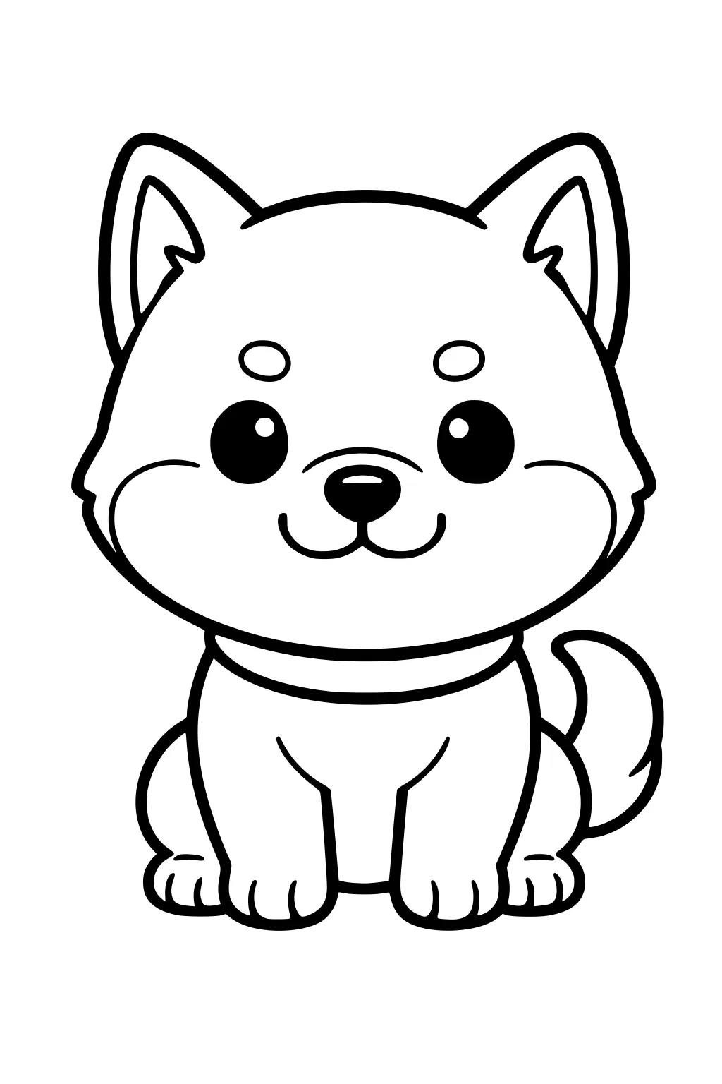 Cartoon puppy with rounded face, pointy ears, big eyes, small paws, and curly tail sitting upright.