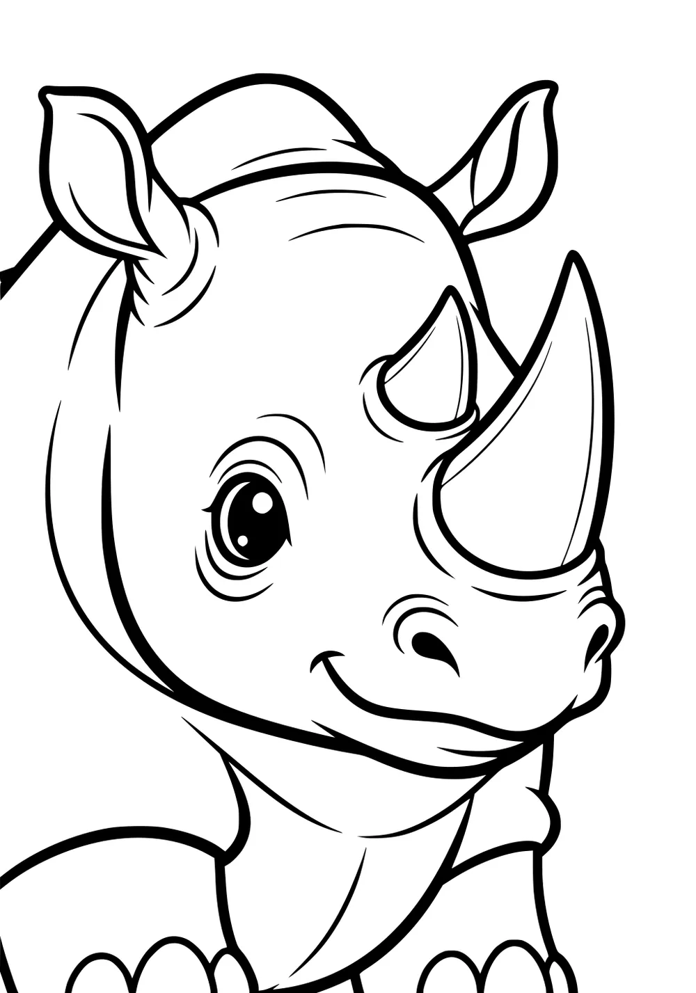 Friendly cartoon rhinoceros with big horn, smiling face, round eyes, two ears, and front legs visible.