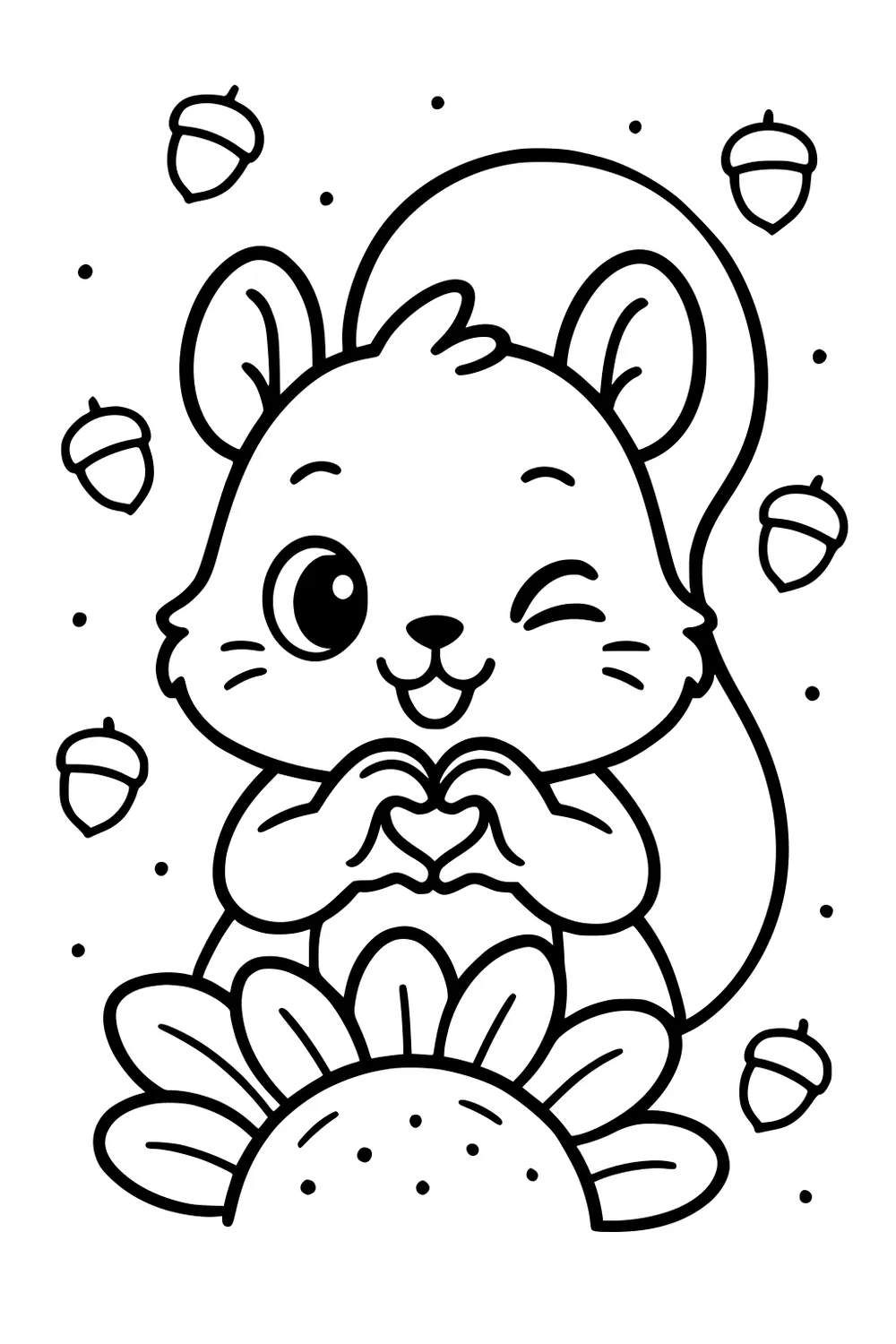 Smiling girl squirrel winking and making a heart shape with her paws, sitting behind a sunflower, surrounded by acorns.