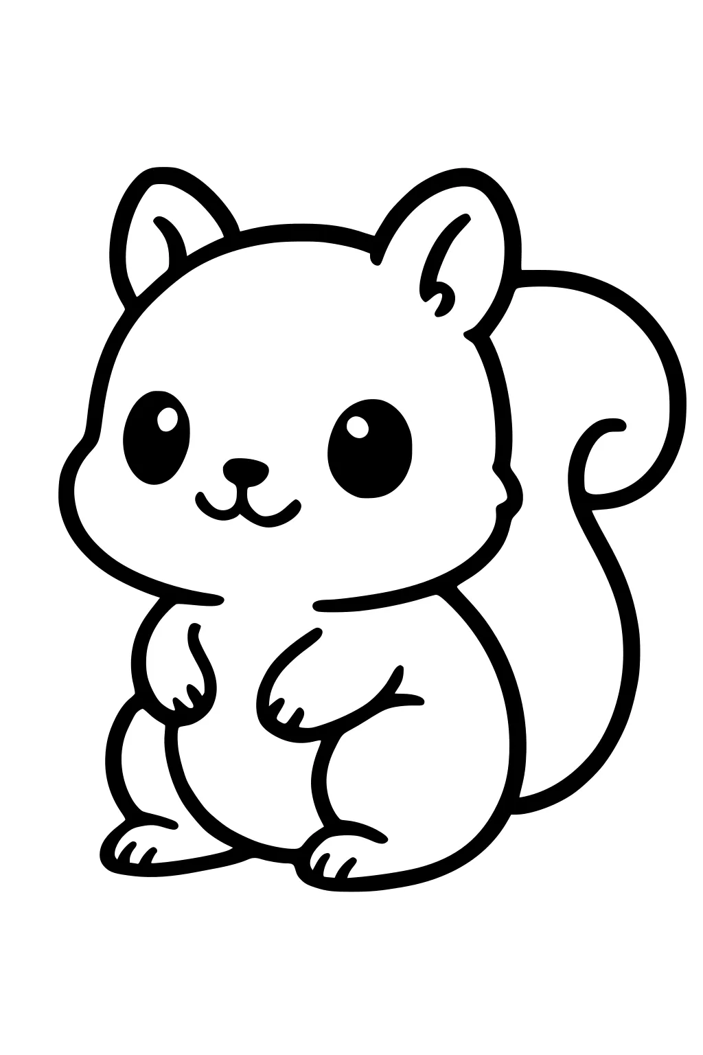 Cartoon squirrel with big round eyes, chubby cheeks, upright body, curled tail, and tiny paws visible.