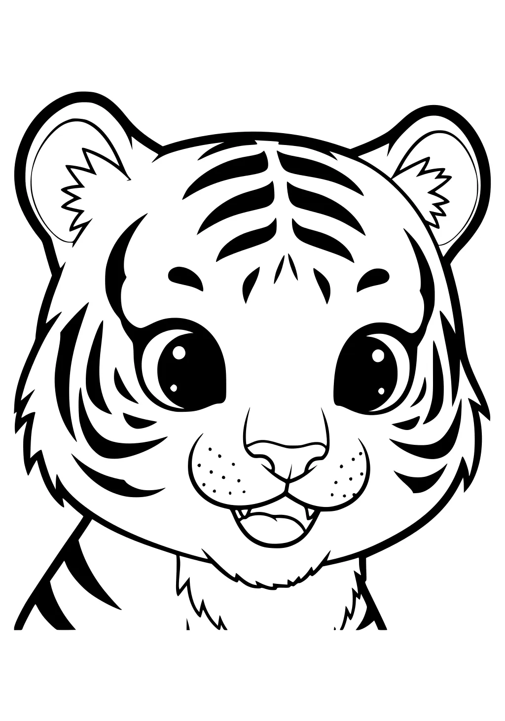 Smiling tiger cub face with large round eyes, fluffy cheeks, big ears, and bold tiger stripes.