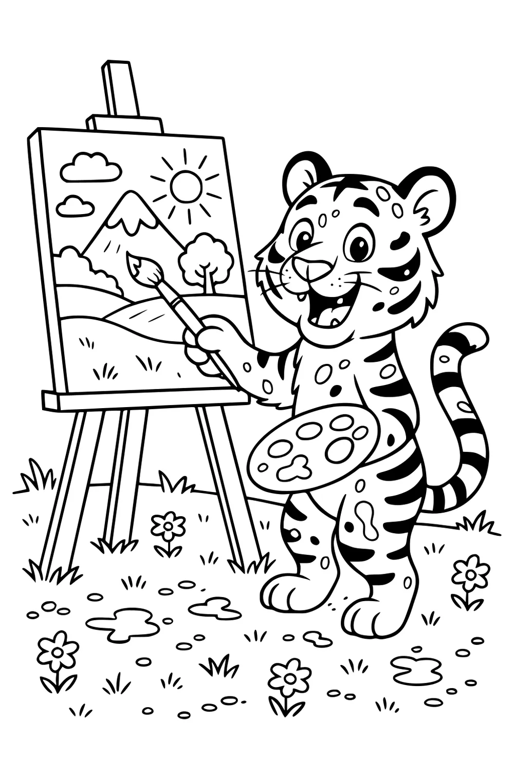 Tiger painting a landscape with sun, mountain and trees on an easel, standing in a flower-filled meadow.
