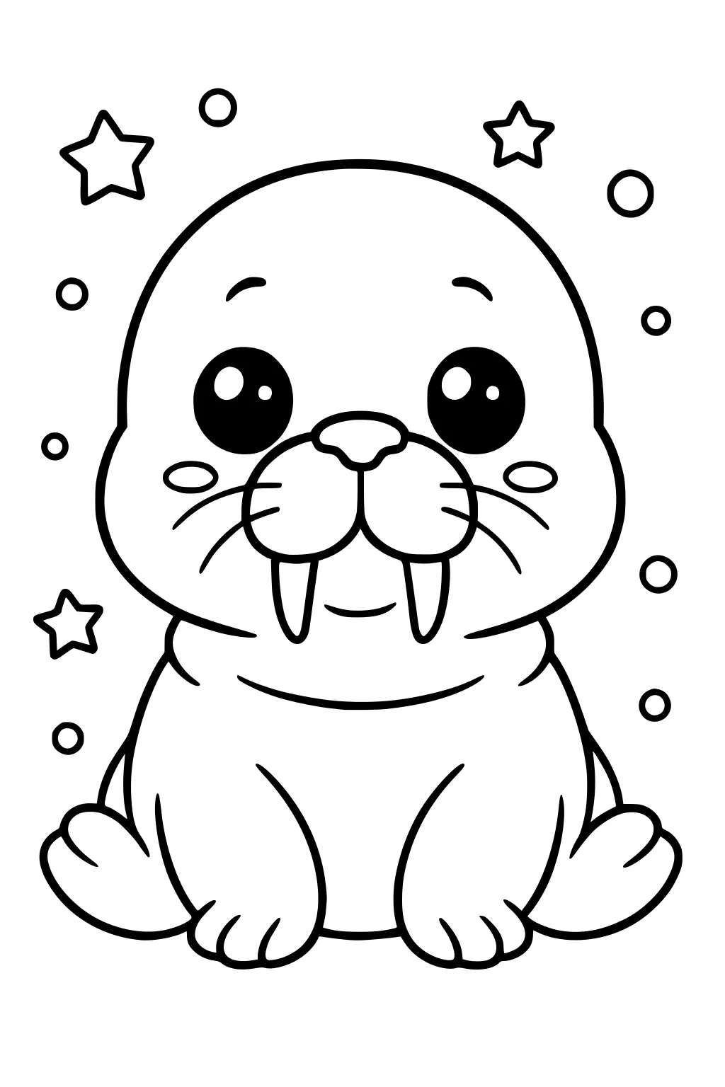 Cartoon walrus sitting, smiling, with large eyes, two tusks, whiskers, surrounded by stars and bubbles.