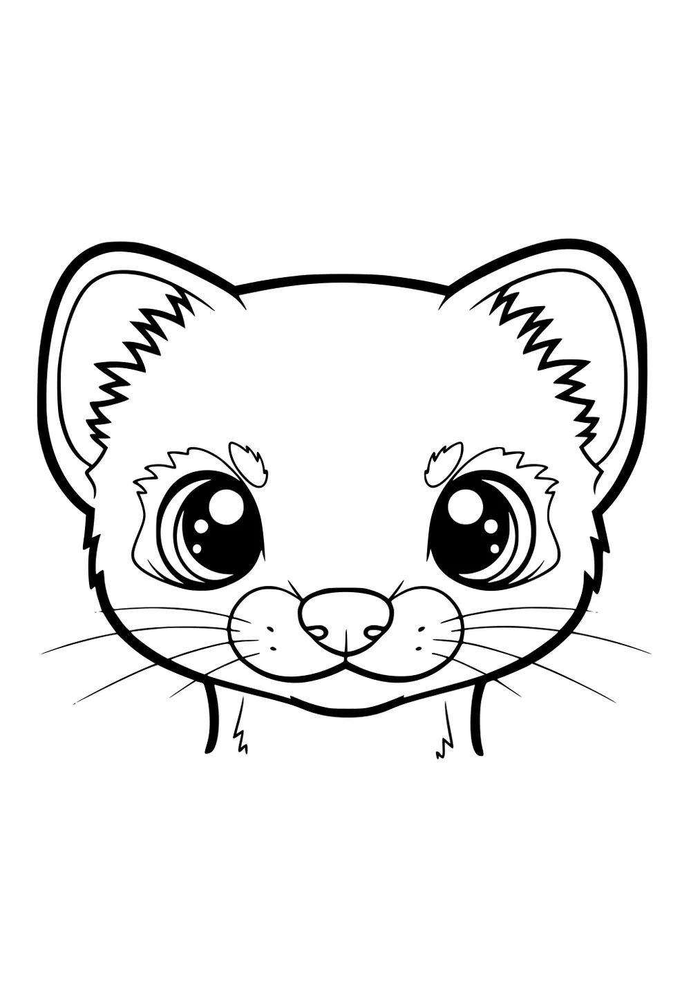 Cartoon weasel face with big eyes, pointy ears, rounded cheeks, and long whiskers, shown from the front.