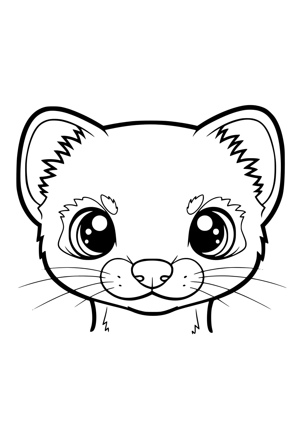 Cartoon weasel face with big eyes, pointy ears, rounded cheeks, and long whiskers, shown from the front.