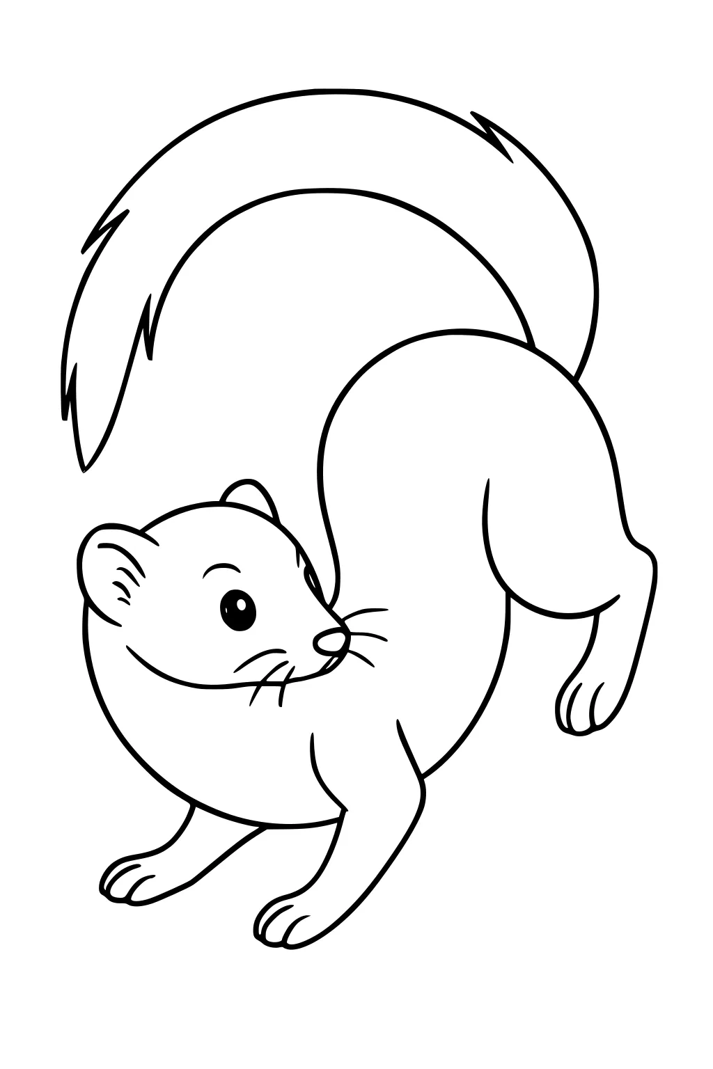 Line drawing of a playful weasel with an arched back and a large fluffy tail.