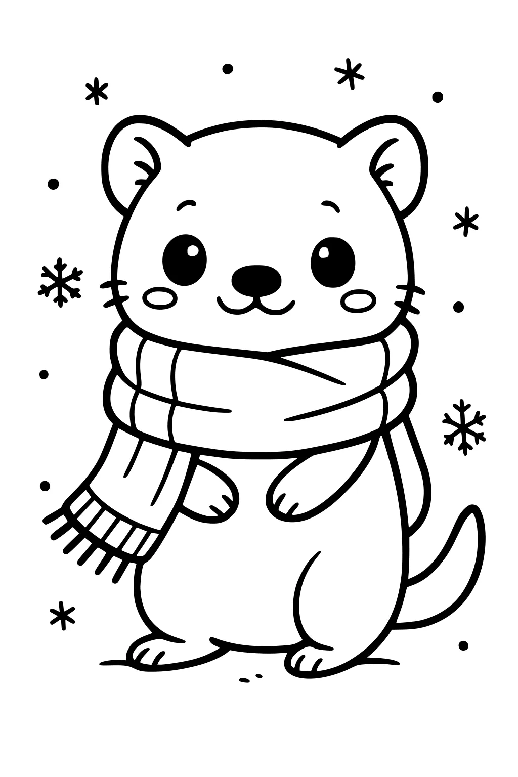 Cartoon weasel with scarf standing among snowflakes, looking forward with round eyes and a cheerful expression.