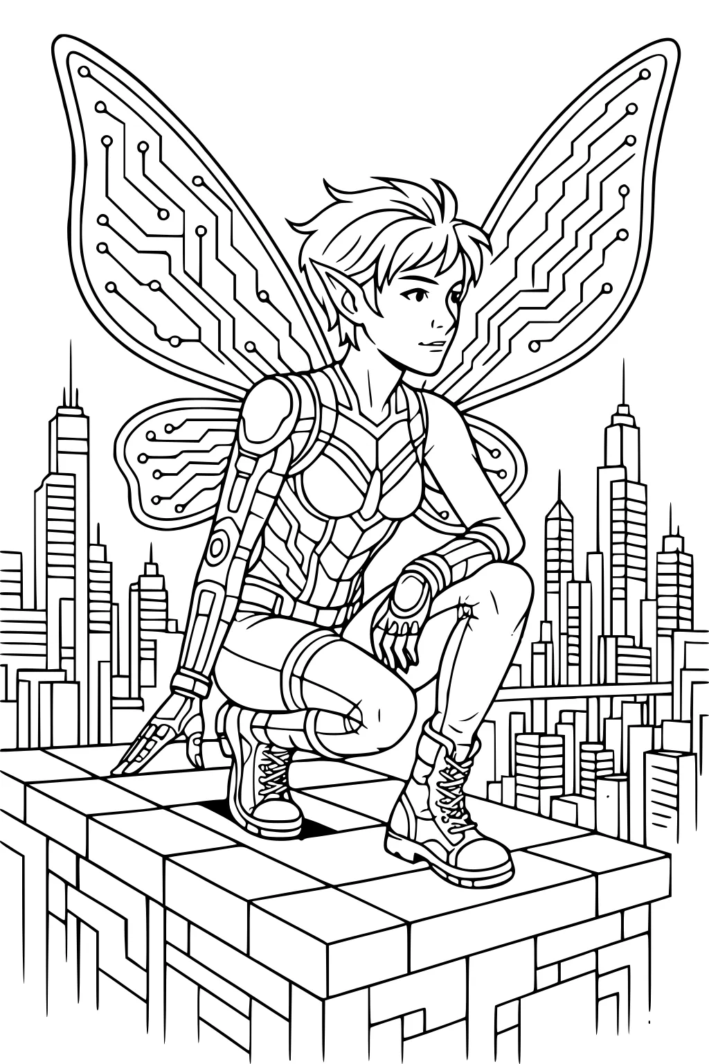 Cyber fairy girl crouches on a rooftop, circuit wings spread, elf ears and short hair, tall city skyline in the background.