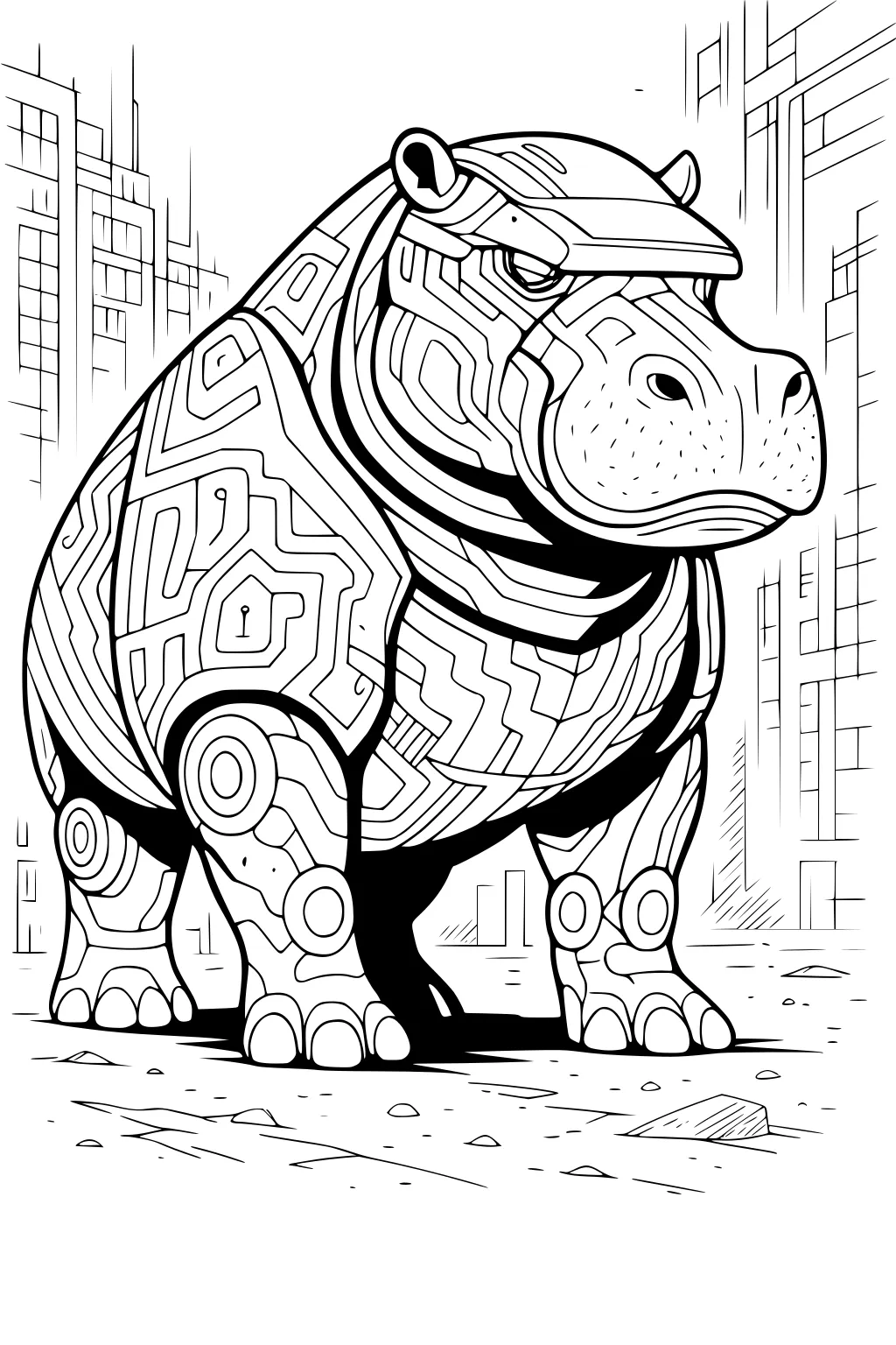 A big hippo with maze patterns and armor details stands on city street with tall buildings around him.