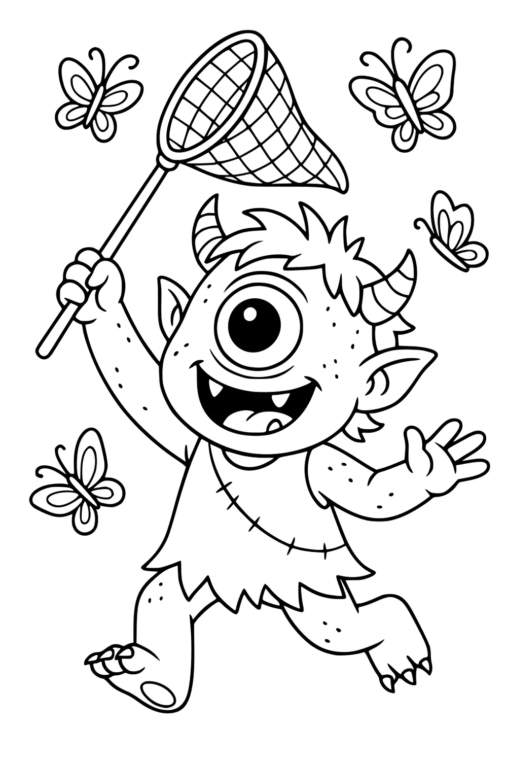 Happy boy cyclops with net chasing four butterflies, big single eye, horns, pointy ears, stitched tunic, bold outline cartoon.