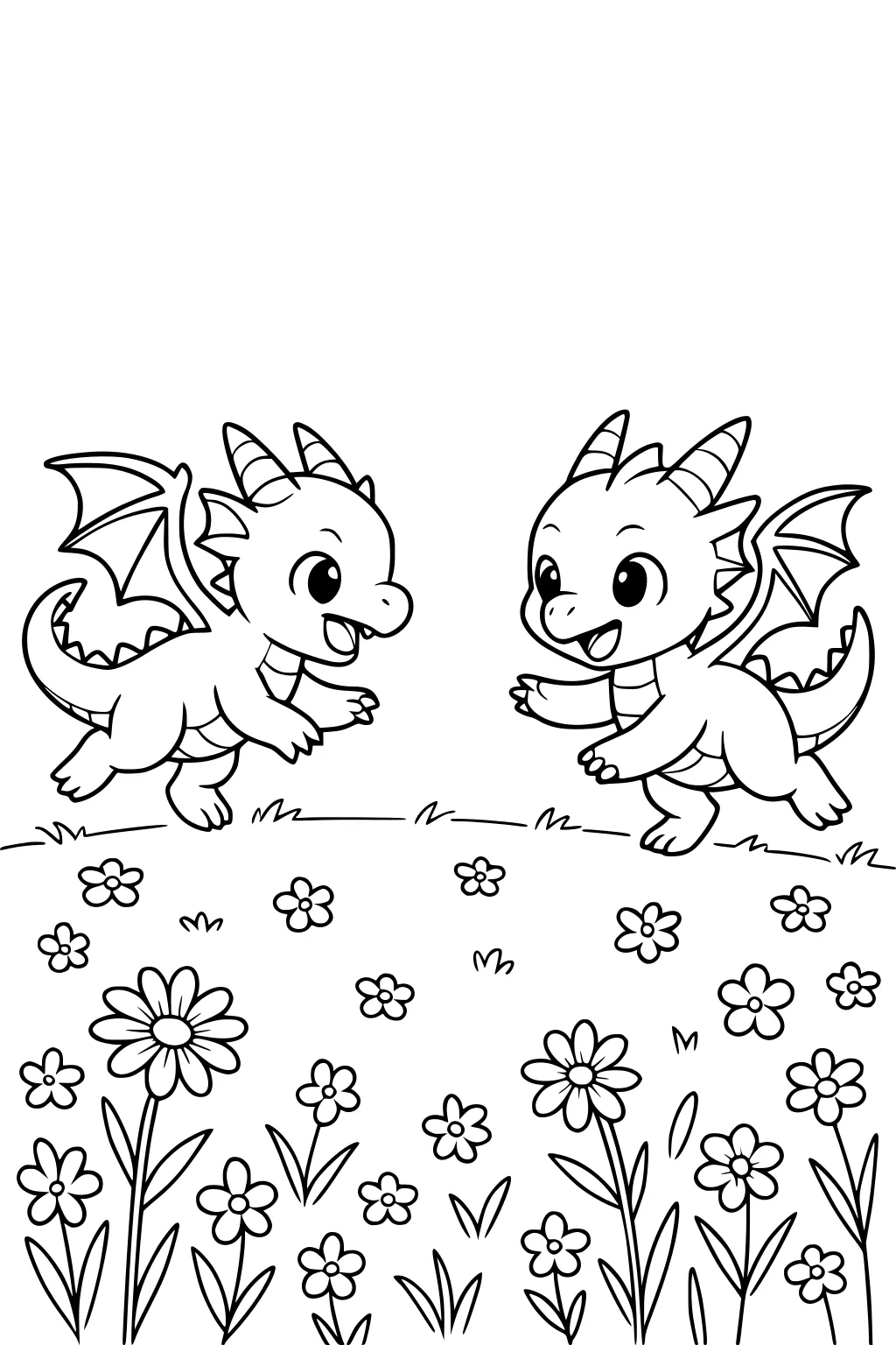 Two smiling baby dragons run toward each other on a flower meadow, wings up, big eyes, small horns, and curved tails.