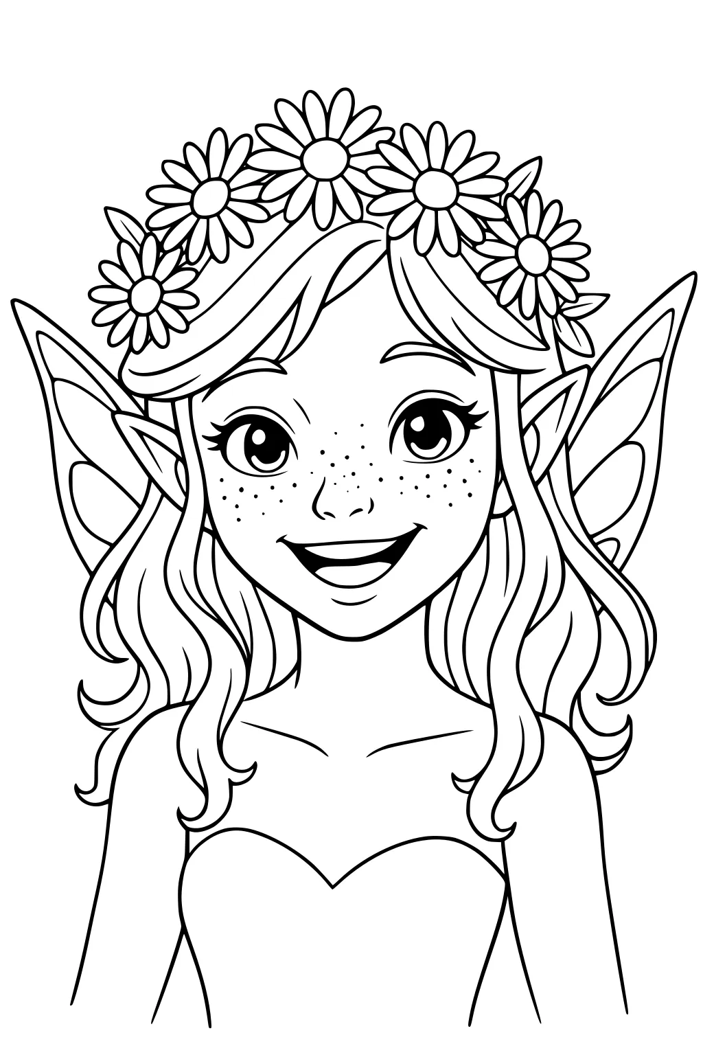 Smiling fairy girl with freckles, daisy crown, wavy hair, pointed ears, and wings, portrait from chest up.