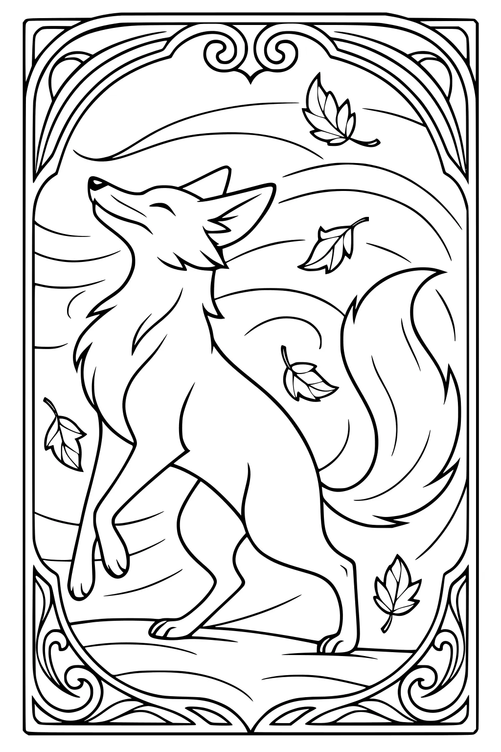 Fox standing on one foot, smiling in the wind as leaves swirl around, surrounded by an ornate border.