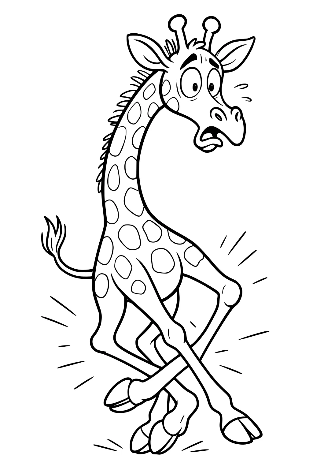 Cartoon giraffe with spots, surprised face, and crossed legs as if dancing or needing the bathroom.