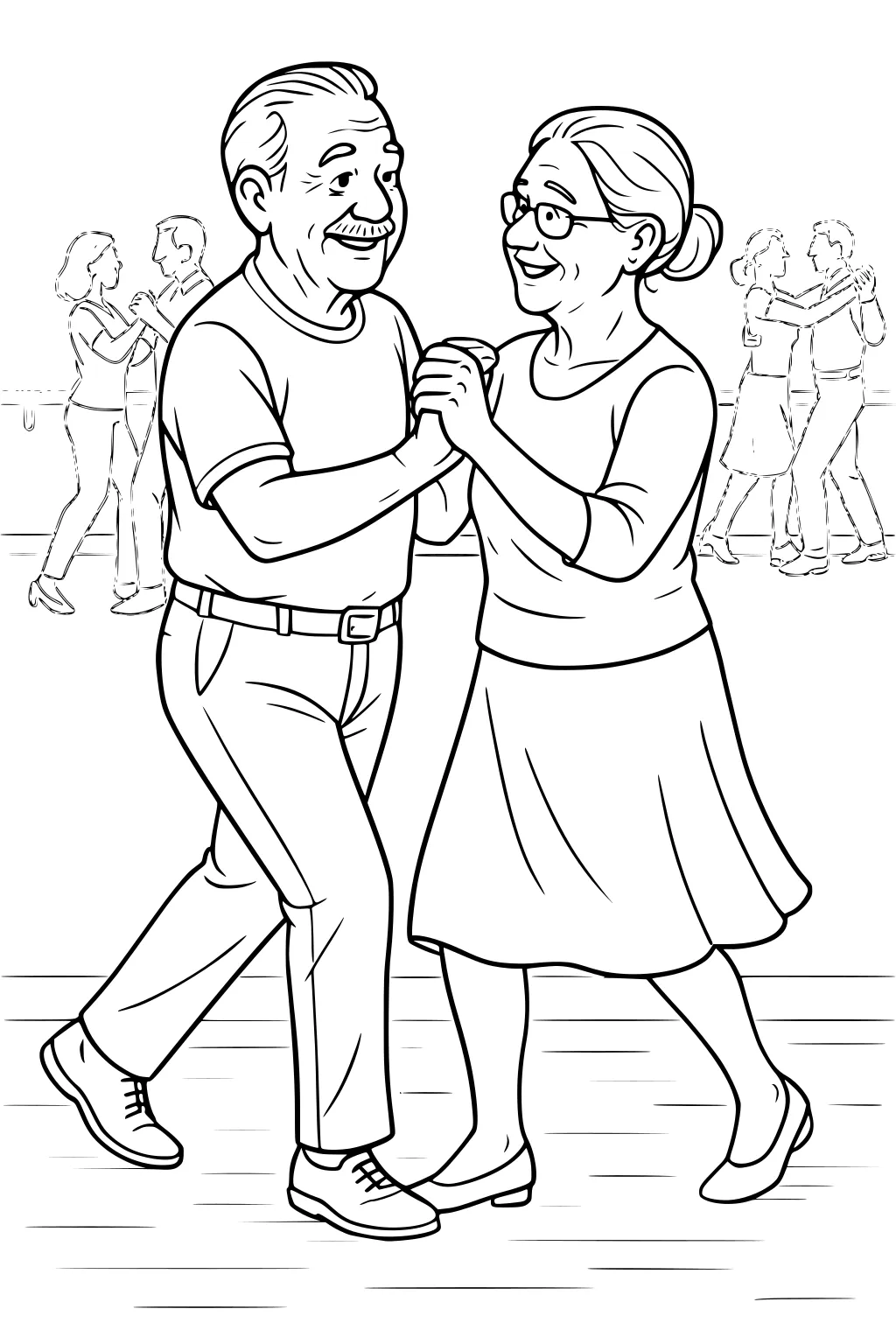 Elderly man and woman dance hand in hand, smiling, with other couples behind them on a wood floor.