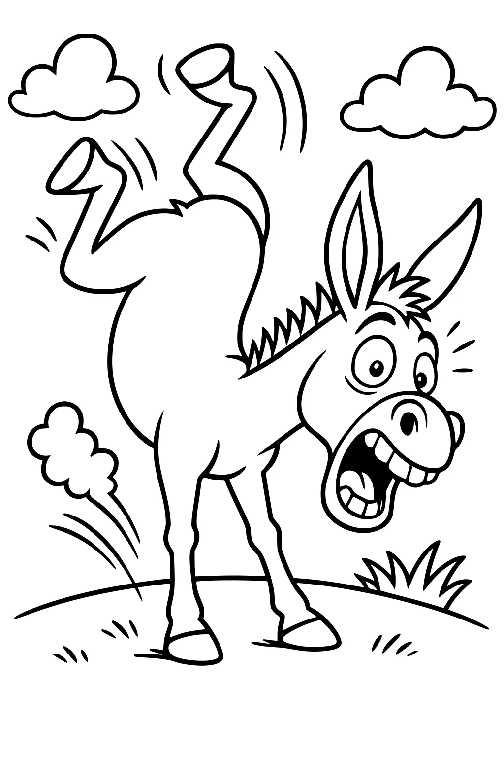 Cartoon donkey on grass with mouth open, kicking back legs, surrounded by clouds.