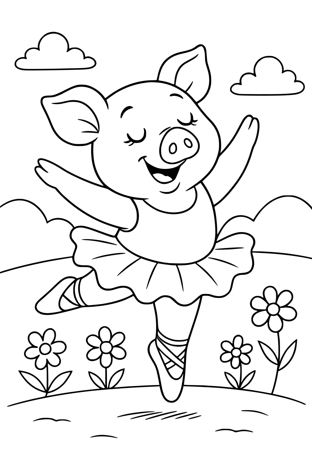 A pig in a tutu and ballet shoes dancing on one foot in a field with three flowers and two clouds behind her.