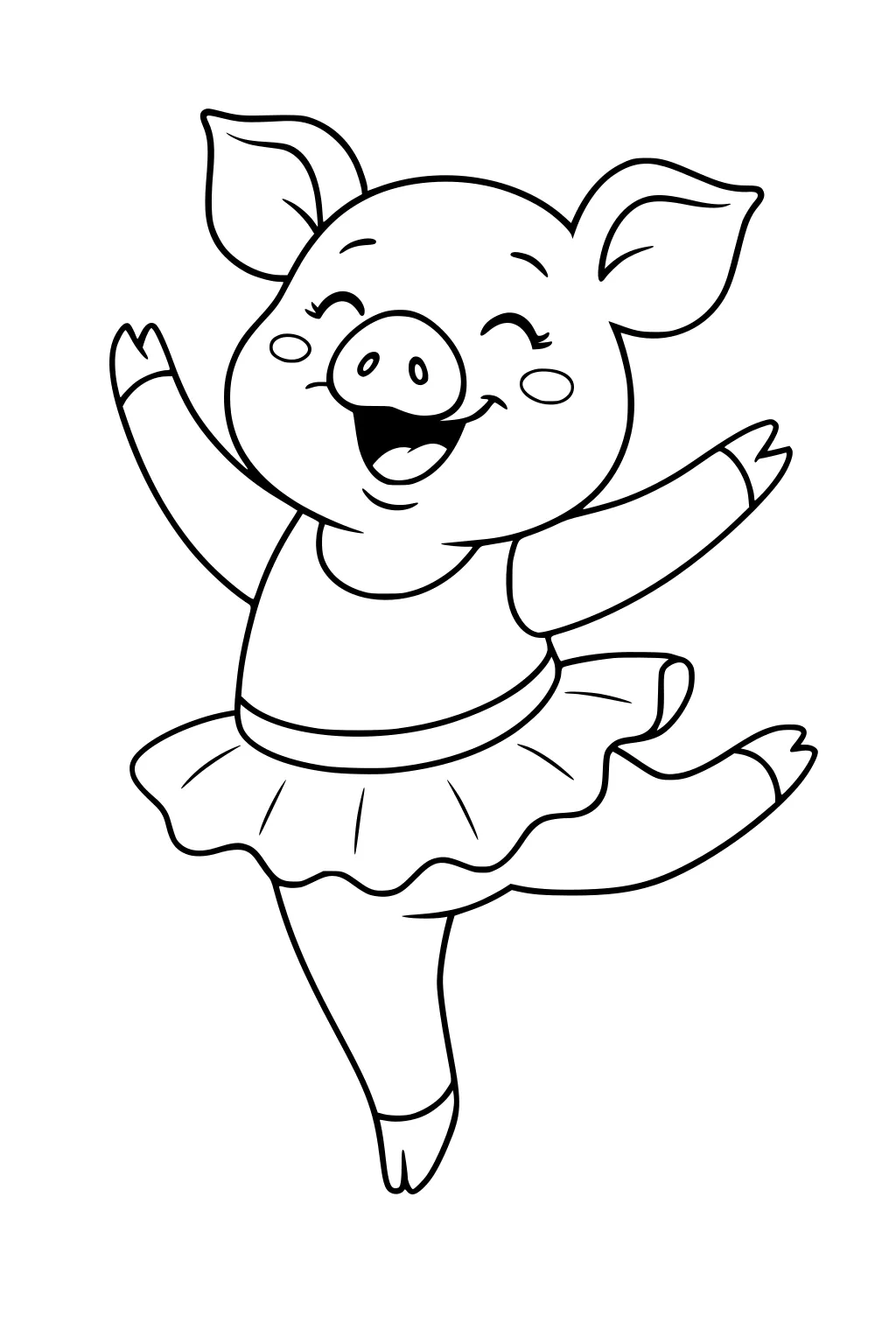 Happy pig in a ballet tutu dancing on one leg, arms stretched wide, big smile, eyes closed, ears up.
