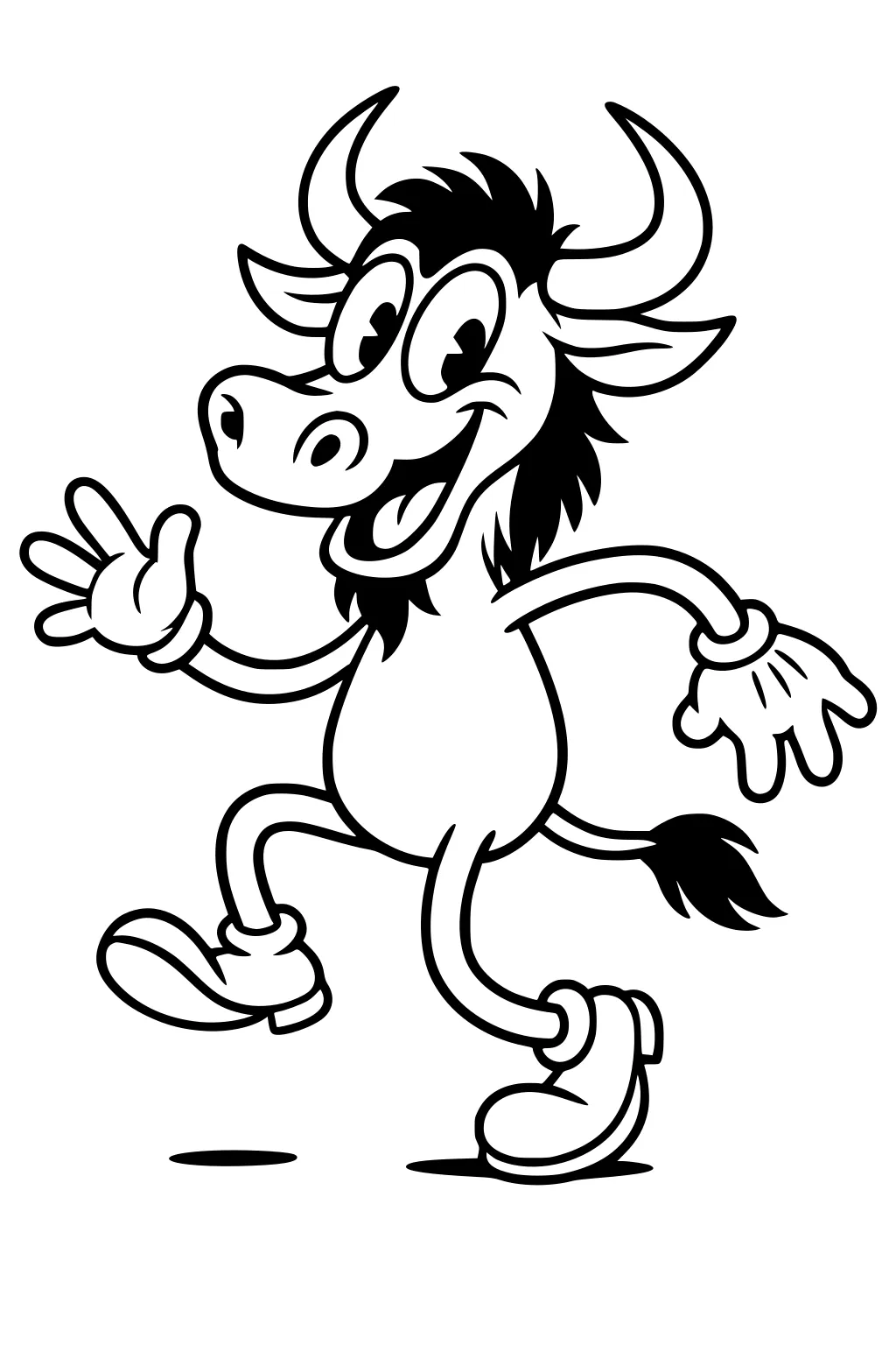 Cartoon wildebeest with curved horns dances and waves, big smile, shaggy mane, gloved hands, chunky boots, in bold simple outlines.