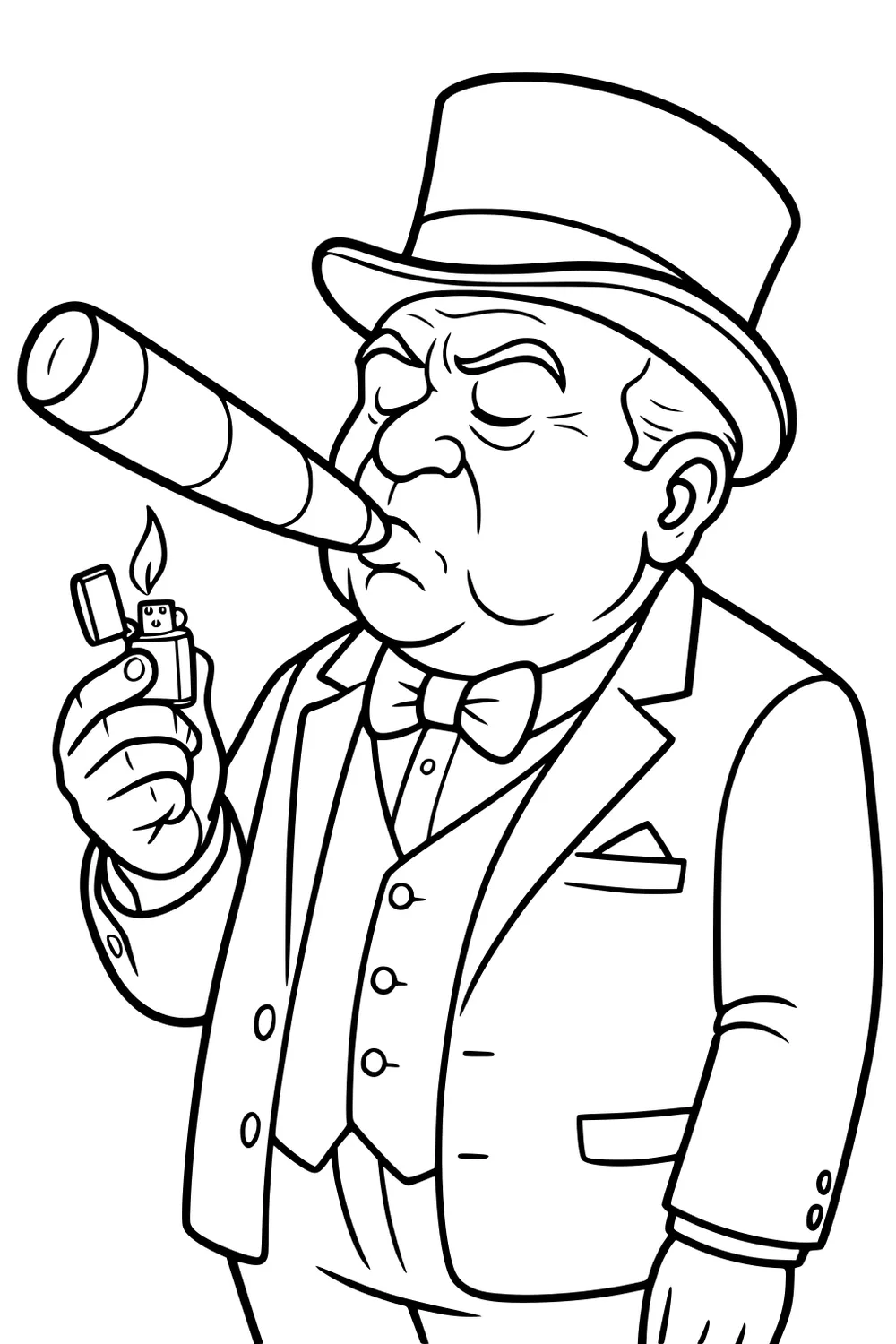 Elderly man in top hat and suit lighting a large cigar with a small lighter, wearing a bow tie and pocket square.