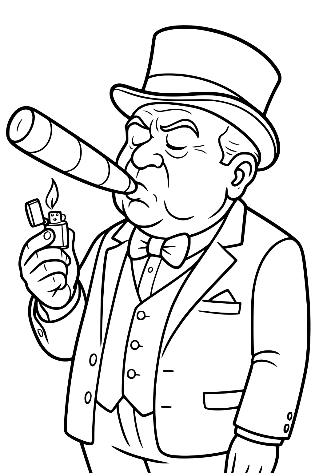 Elderly man in top hat and suit lighting a large cigar with a small lighter, wearing a bow tie and pocket square.