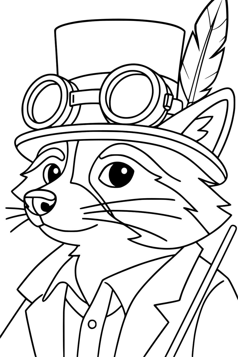 Cartoon raccoon in a jacket with a big top hat, goggles, feather, and holding a walking stick.